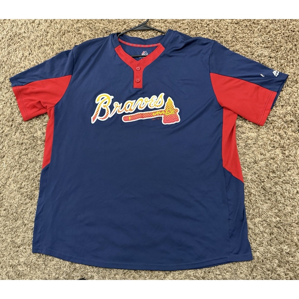 Majestic MLB Atlanta Braves Jersey Blank NO Name Blue Red Tomahawk Size 2XL